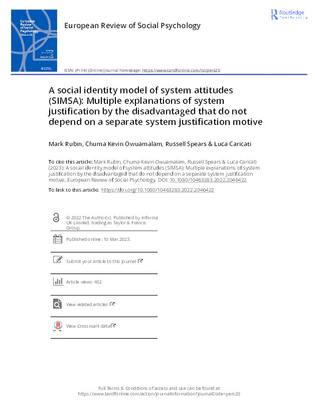 A social identity model of system attitudes (SIMSA): Multiple explanations of system justification by the disadvantaged that do not depend on a separate system justification motive Thumbnail