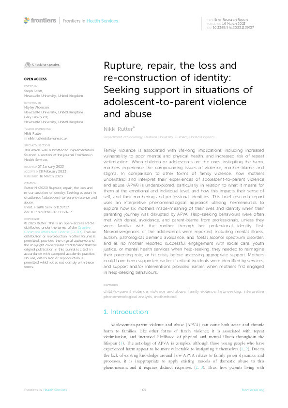 Rupture, repair, the loss and re-construction of identity: Seeking support in situations of adolescent-to-parent violence and abuse Thumbnail