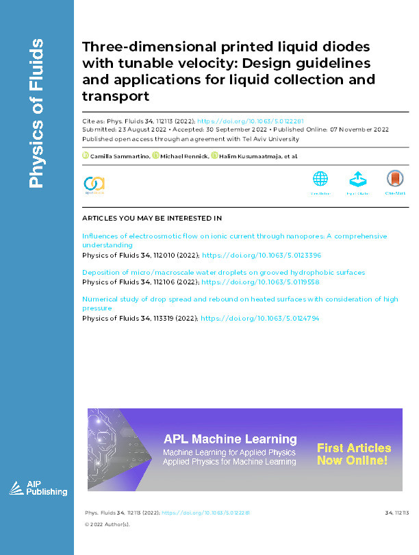 Three-dimensional printed liquid diodes with tunable velocity: Design guidelines and applications for liquid collection and transport Thumbnail