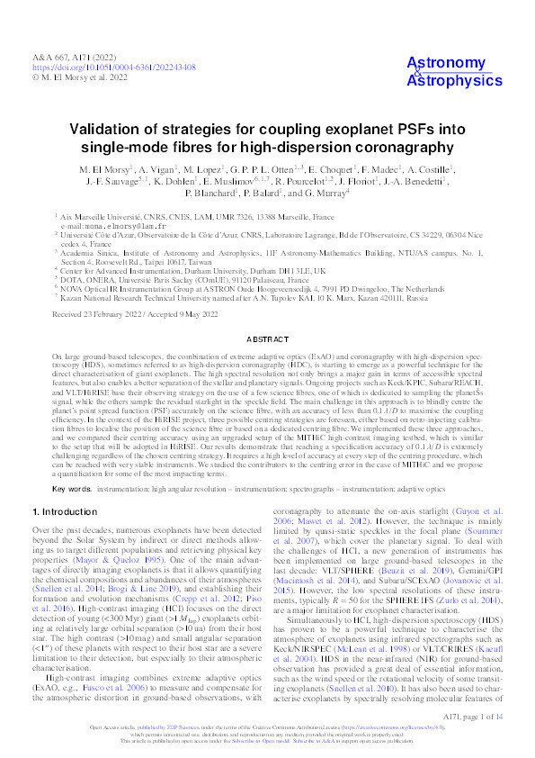 Validation of strategies for coupling exoplanet PSFs into single-mode fibres for high-dispersion coronagraphy Thumbnail