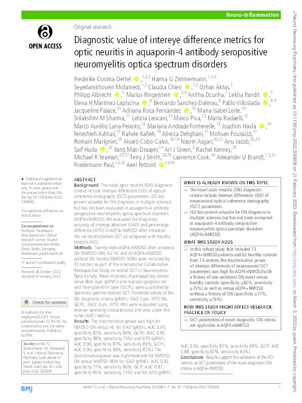 Diagnostic value of intereye difference metrics for optic neuritis in aquaporin-4 antibody seropositive neuromyelitis optica spectrum disorders Thumbnail