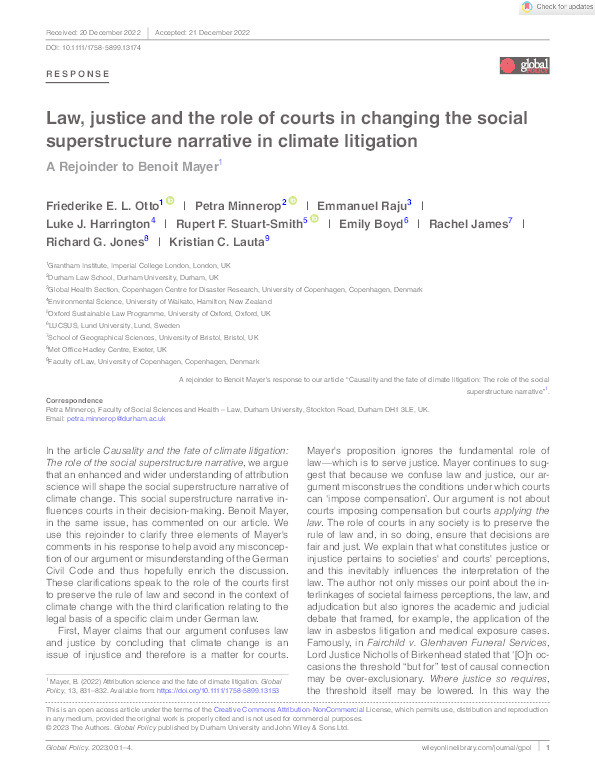 Law, justice and the role of courts in changing the social superstructure narrative in climate litigation: A Rejoinder to Benoit Mayer Thumbnail