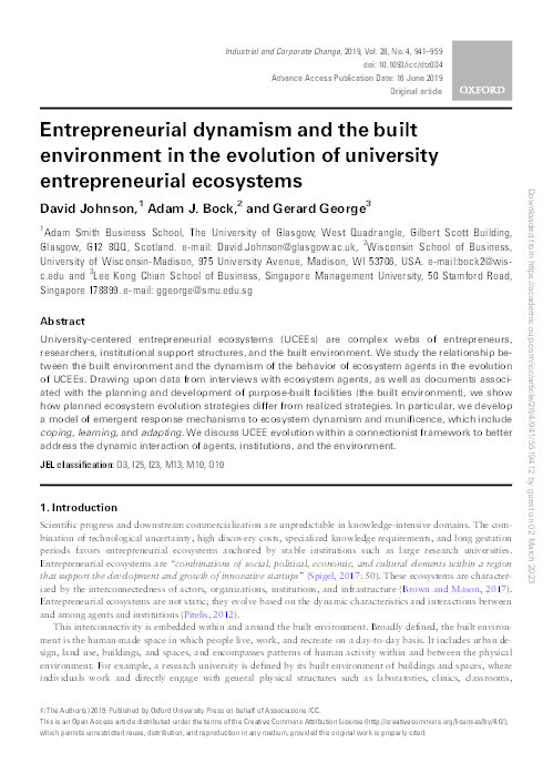 Entrepreneurial dynamism and the built environment in the evolution of university entrepreneurial ecosystems Thumbnail