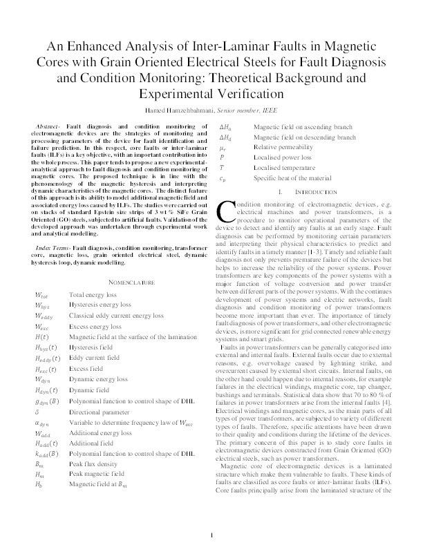 An Enhanced Analysis of Inter-Laminar Faults in Magnetic Cores with Grain Oriented Electrical Steels for Fault Diagnosis and Condition Monitoring: Theoretical Background and Experimental Verification Thumbnail