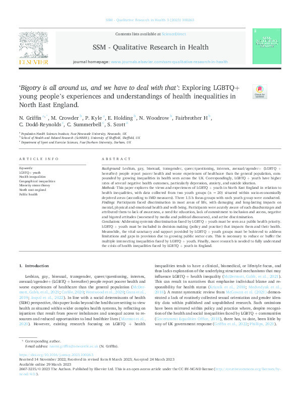 ‘Bigotry is all around us, and we have to deal with that’: Exploring LGBTQ+ young people’s experiences and understandings of health inequalities in North East England Thumbnail