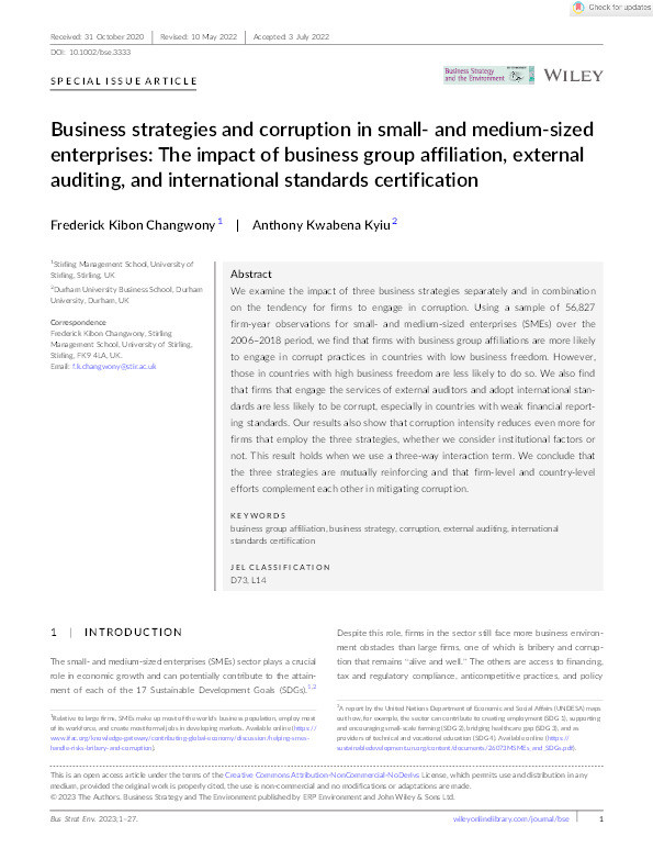 Business strategies and corruption in small‐ and medium‐sized enterprises: The impact of business group affiliation, external auditing, and international standards certification Thumbnail