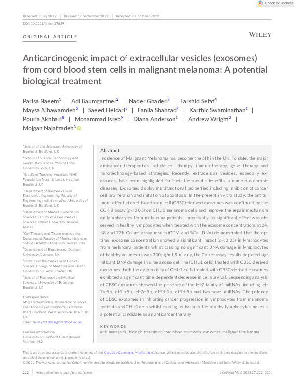 Anticarcinogenic impact of extracellular vesicles (exosomes) from cord blood stem cells in malignant melanoma: A potential biological treatment Thumbnail