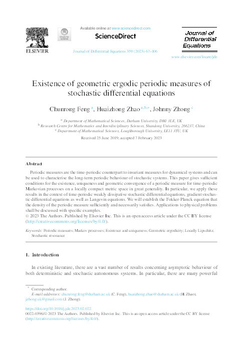 Existence of geometric ergodic periodic measures of stochastic differential equations Thumbnail