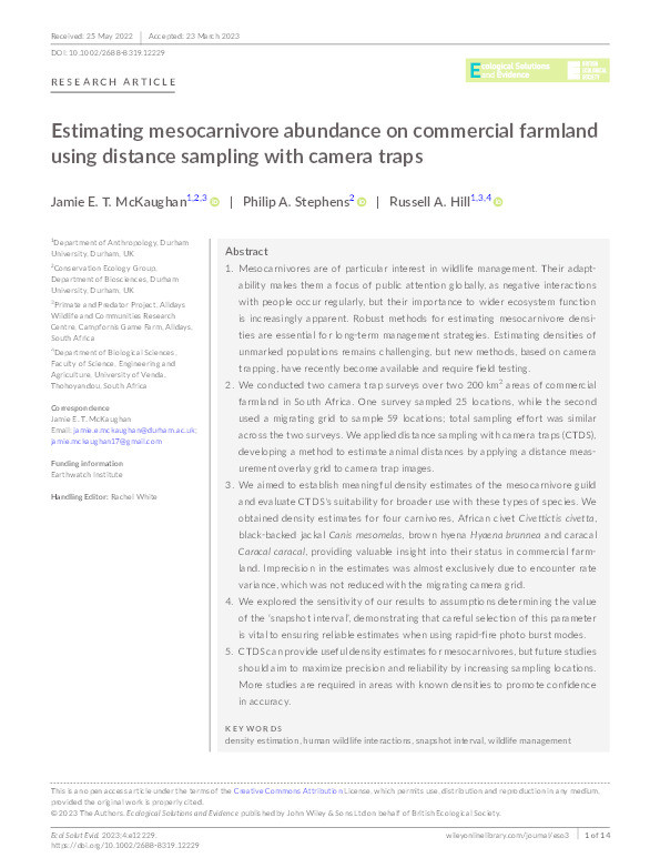 Estimating mesocarnivore abundance on commercial farmland using distance sampling with camera traps Thumbnail