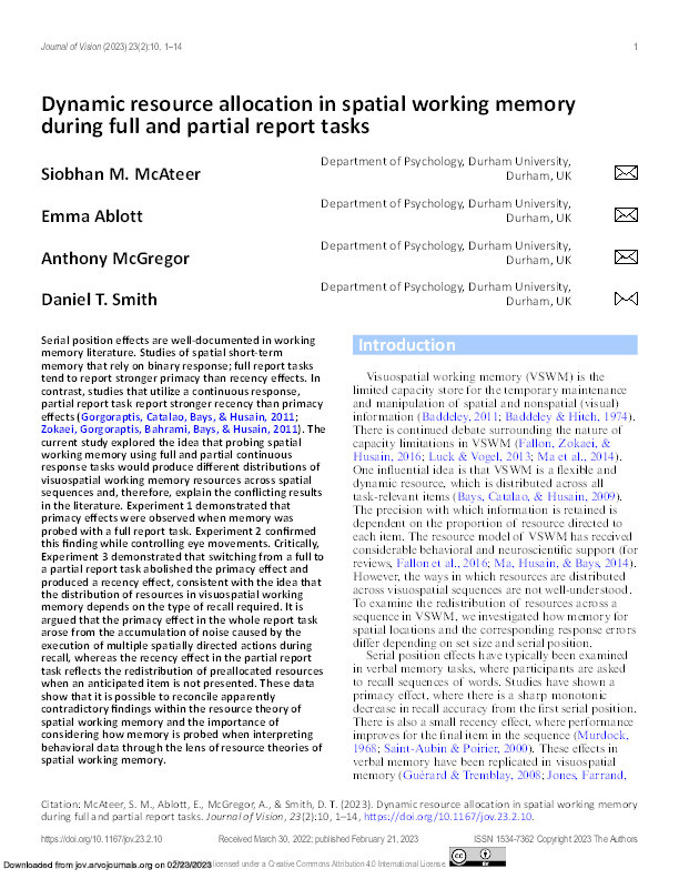 Dynamic resource allocation in spatial working memory during full and partial report tasks Thumbnail
