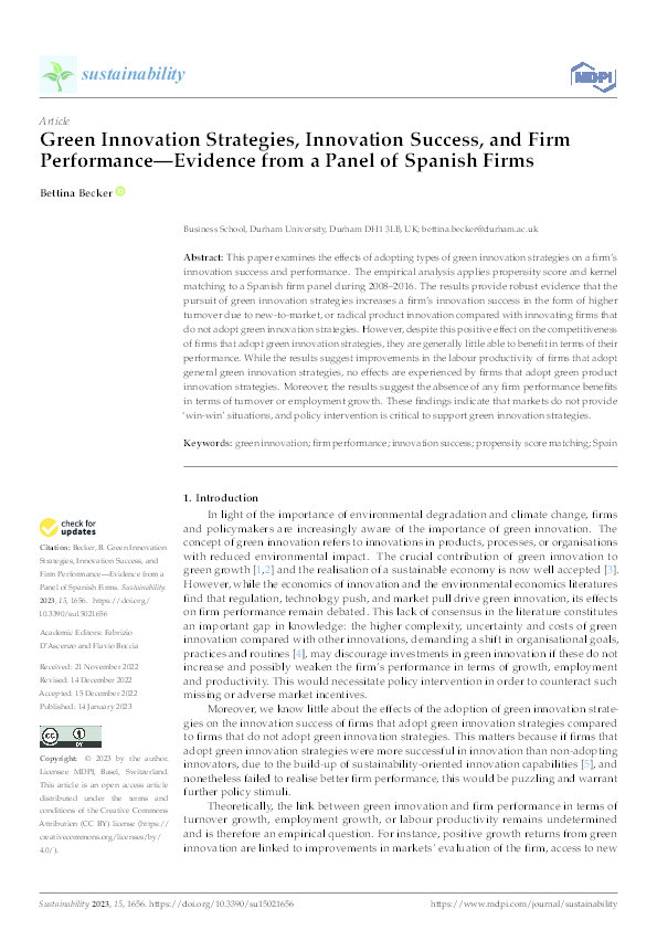 Green innovation strategies, innovation success and firm performance – Evidence from a panel of Spanish firms Thumbnail