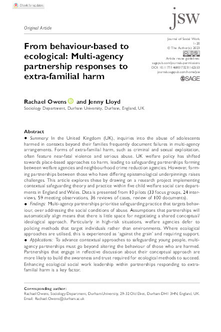 From behaviour-based to ecological: Multi-agency partnership responses to extra-familial harm Thumbnail