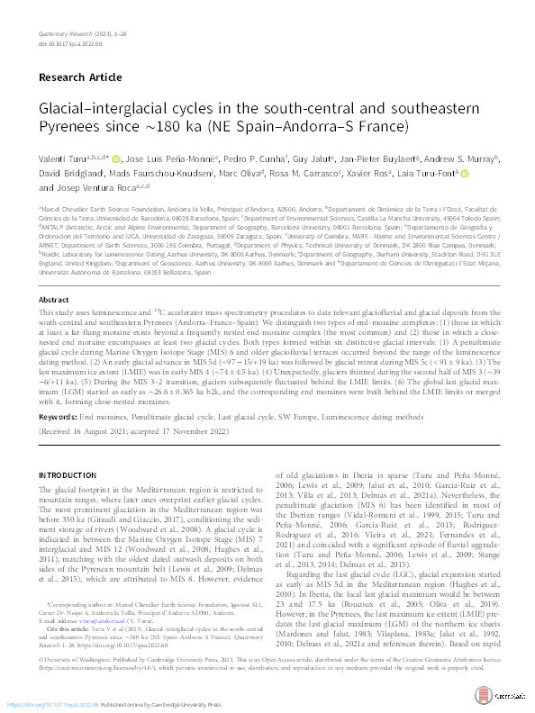 Glacial–interglacial cycles in the south-central and southeastern Pyrenees since ~180 ka (NE Spain–Andorra–S France) Thumbnail