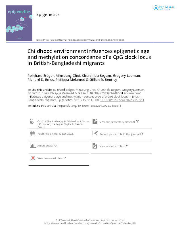 Childhood environment influences epigenetic age and methylation concordance of a CpG clock locus in British-Bangladeshi migrants Thumbnail