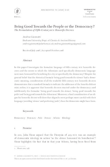 Being Good Towards the People or the Democracy? The Formulation of Fifth-Century BCE Honorific Decrees Thumbnail