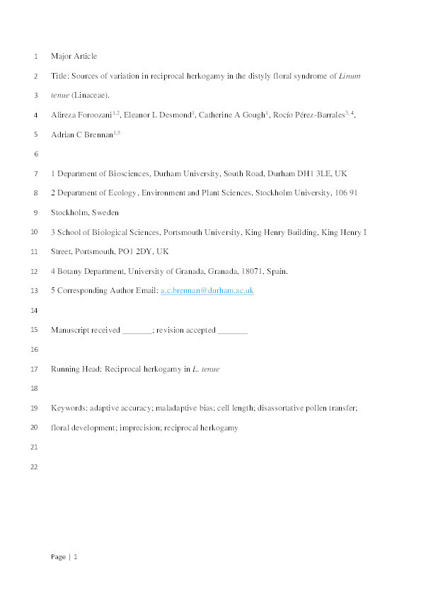 Sources of variation in reciprocal herkogamy in the distyly floral syndrome of Linum tenue (Linaceae) Thumbnail
