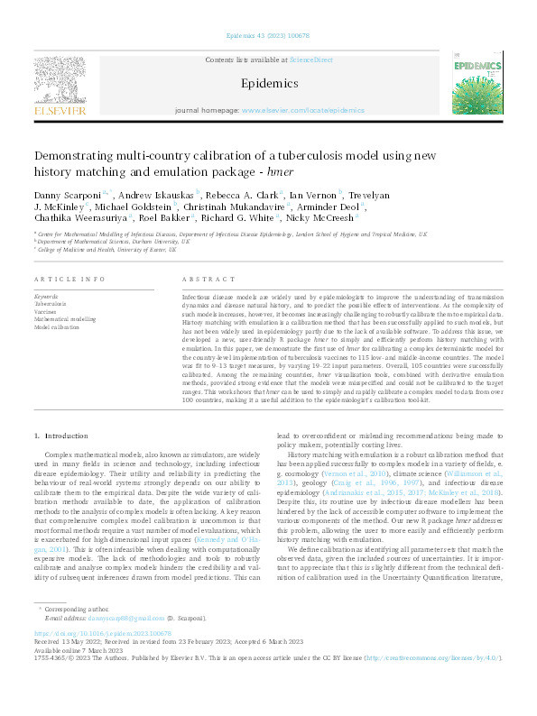 Demonstrating multi-country calibration of a tuberculosis model using new history matching and emulation package - hmer Thumbnail