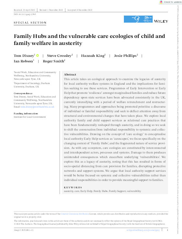 Family Hubs and the vulnerable care ecologies of child and family welfare in austerity Thumbnail