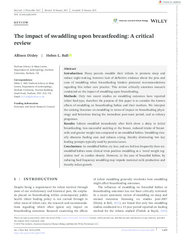 The impact of swaddling upon breastfeeding: A critical review Thumbnail