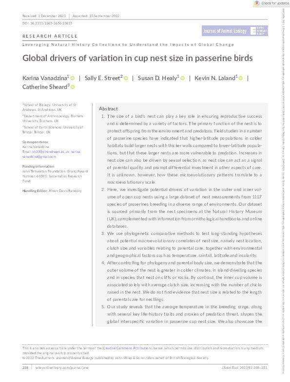 Global drivers of variation in cup nest size in passerine birds Thumbnail
