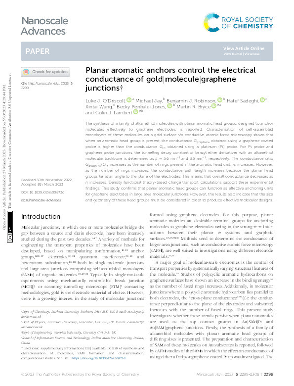 Planar aromatic anchors control the electrical conductance of gold|molecule|graphene junctions Thumbnail