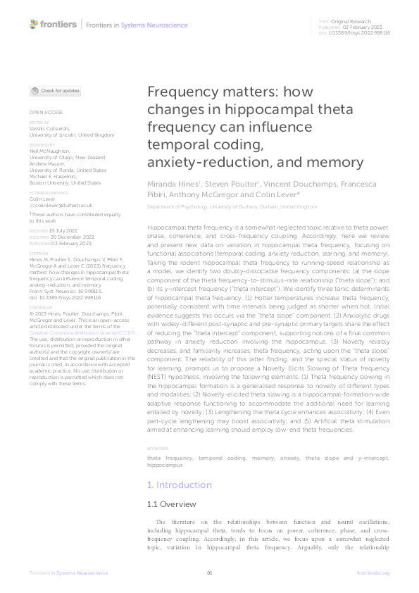 Frequency matters: how changes in hippocampal theta frequency can influence temporal coding, anxiety-reduction, and memory Thumbnail