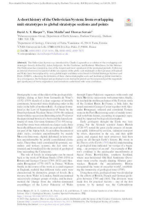 A short history of the Ordovician System: from overlapping unit stratotypes to global stratotype sections and points Thumbnail