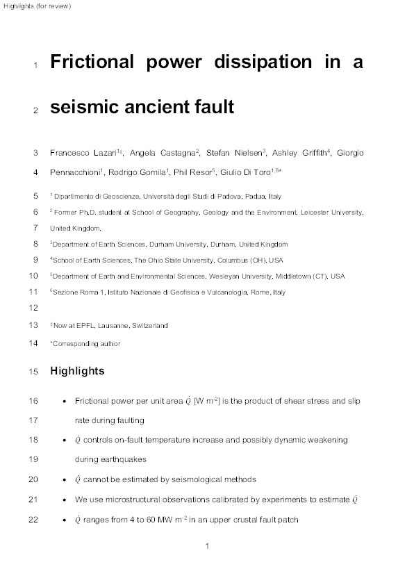 Frictional power dissipation in a seismic ancient fault Thumbnail
