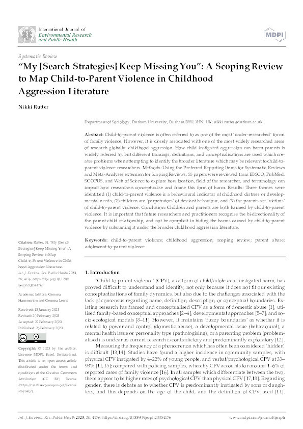 “My [Search Strategies] Keep Missing You”: A Scoping Review to Map Child-to-Parent Violence in Childhood Aggression Literature Thumbnail