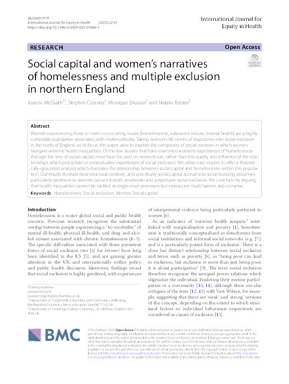 Social capital and women’s narratives of homelessness and multiple exclusion in northern England Thumbnail