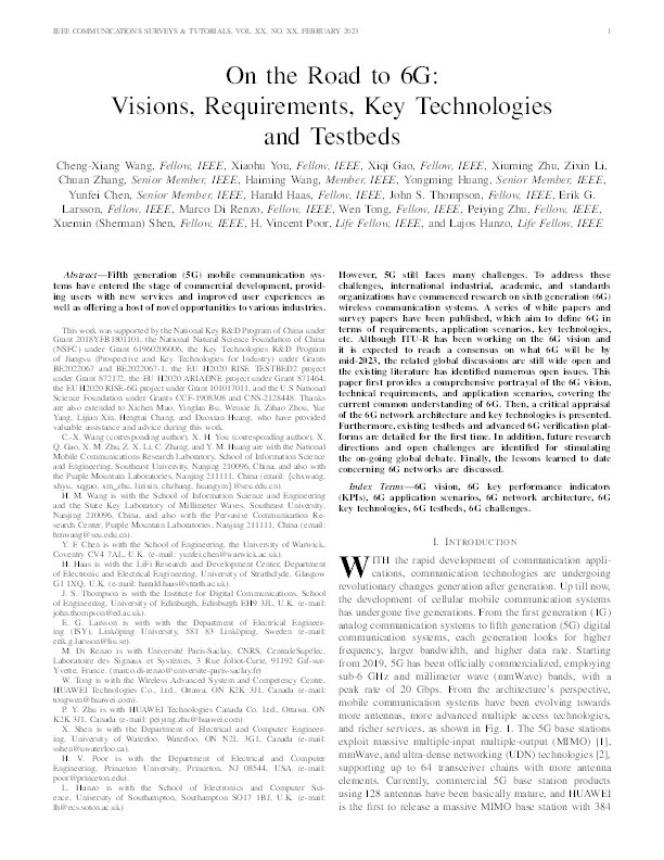 On the Road to 6G: Visions, Requirements, Key Technologies and Testbeds Thumbnail