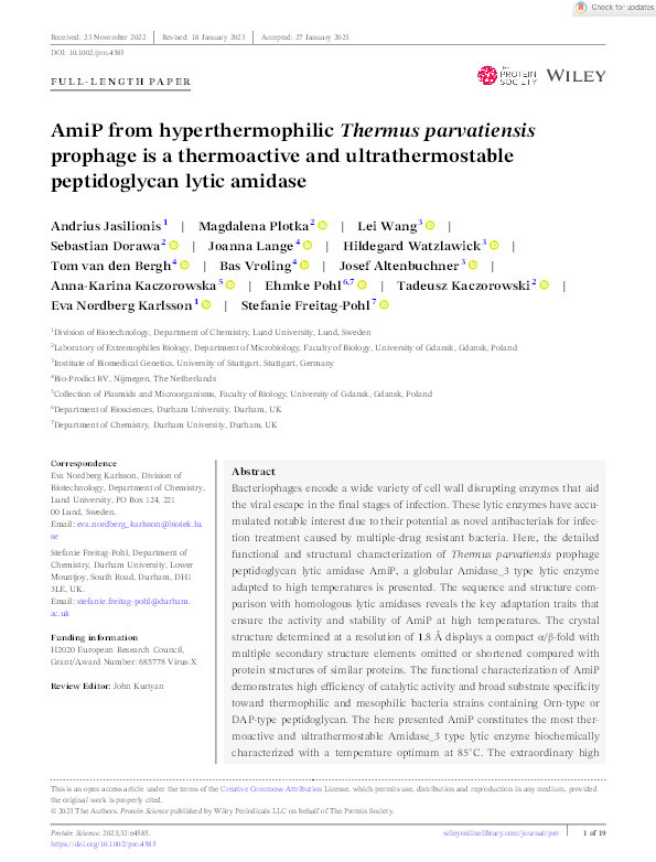 AmiP from hyperthermophilic Thermus parvatiensis prophage is a thermoactive and ultrathermostable peptidoglycan lytic amidase Thumbnail