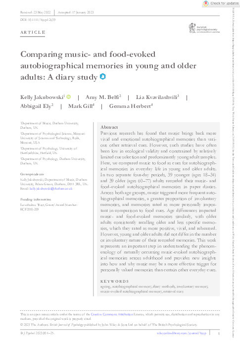 Comparing music‐ and food‐evoked autobiographical memories in young and older adults: A diary study Thumbnail