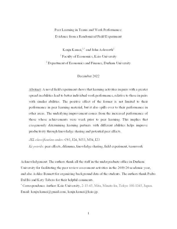 Peer learning in teams and work performance: Evidence from a randomized field experiment Thumbnail