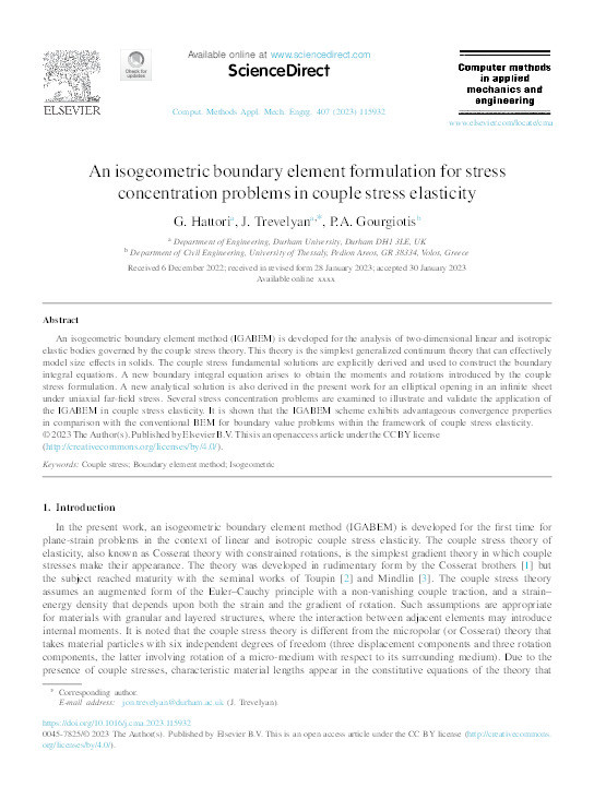 An isogeometric boundary element formulation for stress concentration problems in couple stress elasticity Thumbnail