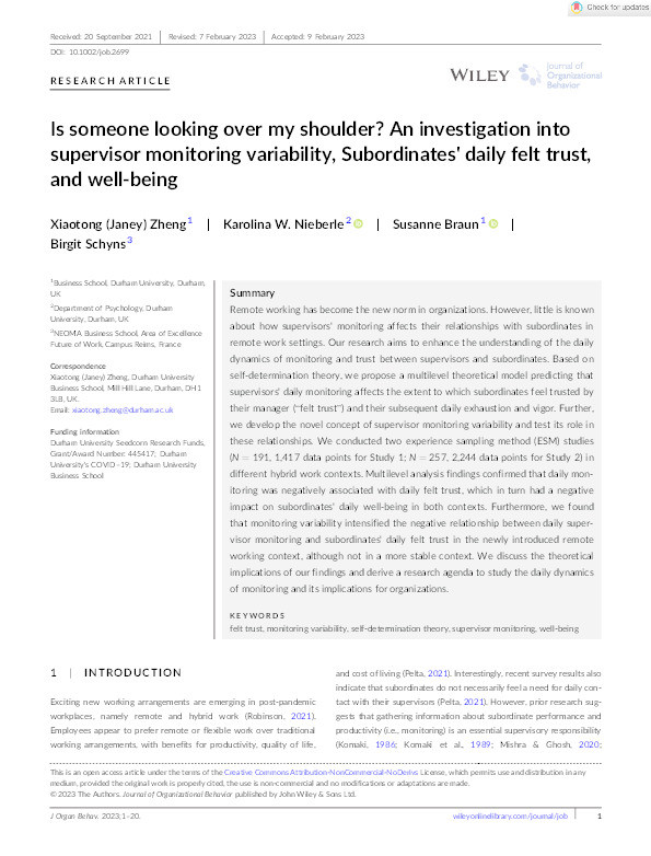 Is Someone Looking Over My Shoulder? An Investigation into Supervisor Monitoring Variability, Subordinates’ Daily Felt Trust, and Well-being Thumbnail