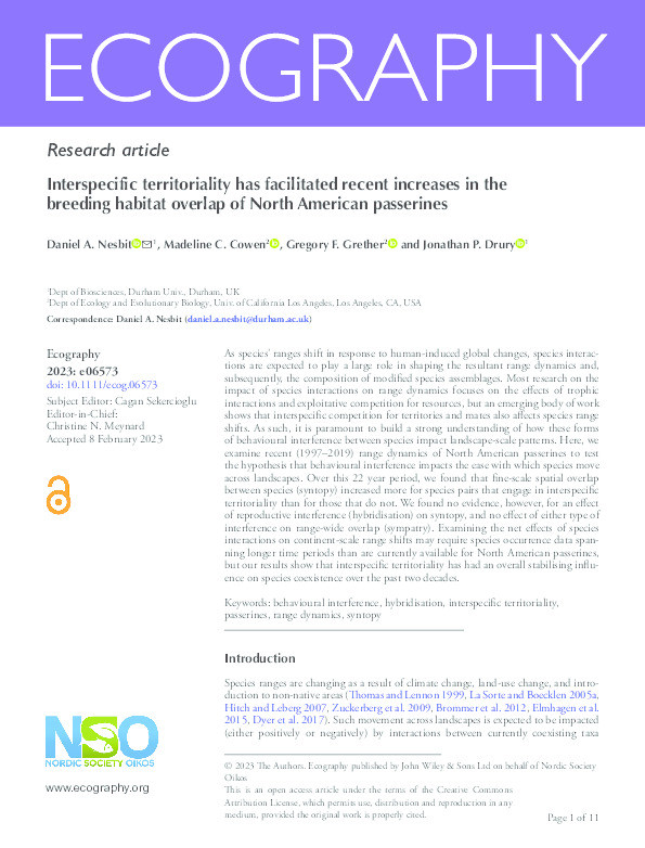 Interspecific territoriality has facilitated recent increases in the breeding habitat overlap of North American passerines Thumbnail