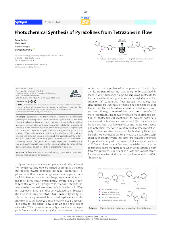 Photochemical Synthesis of Pyrazolines from Tetrazoles in Flow Thumbnail