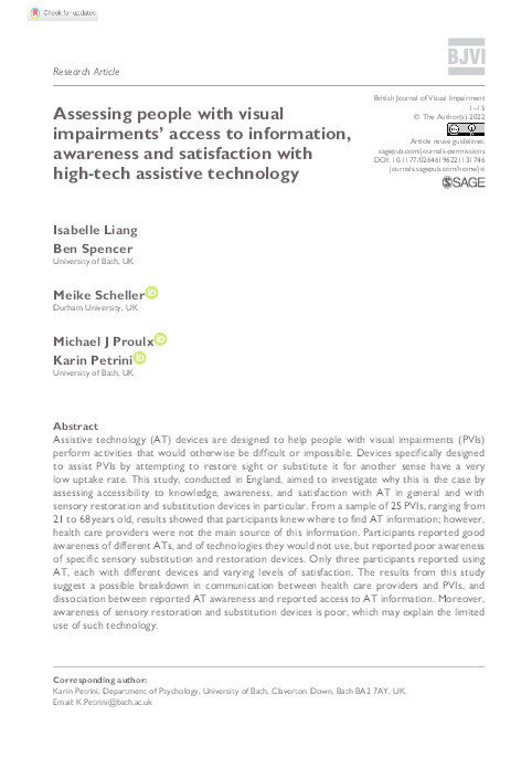 Assessing people with visual impairments’ access to information, awareness and satisfaction with high-tech assistive technology Thumbnail