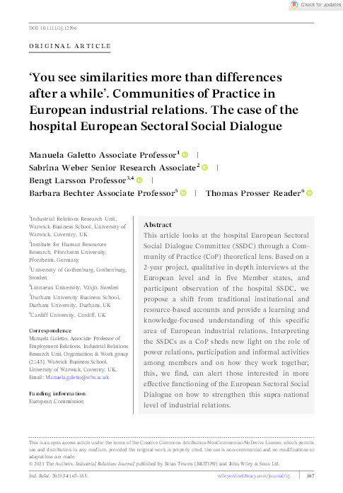 ‘You see similarities more than differences after a while’. Communities of Practice in European industrial relations. The case of the hospital European Sectoral Social Dialogue Thumbnail