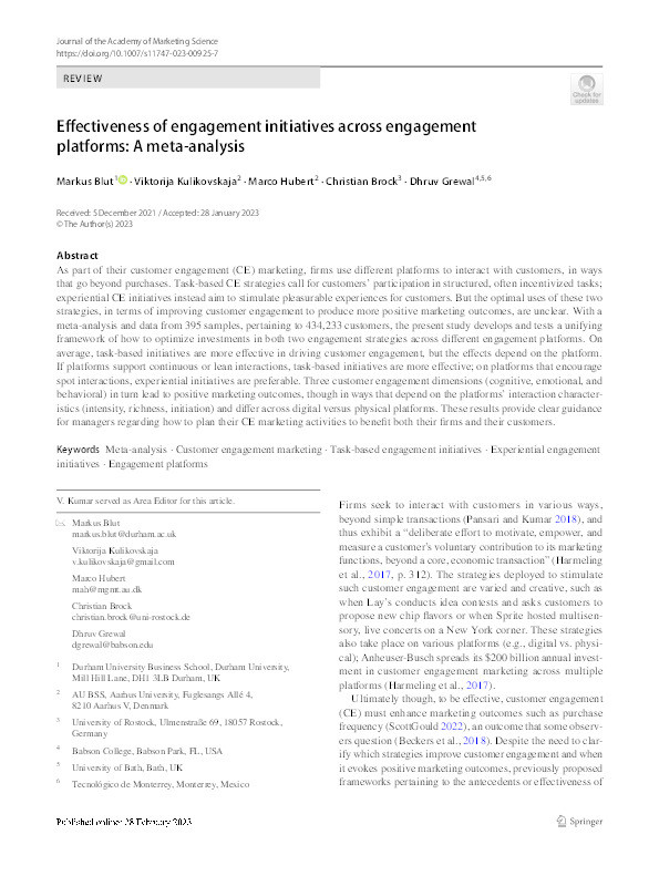 Effectiveness of engagement initiatives across engagement platforms: A meta‑analysis Thumbnail