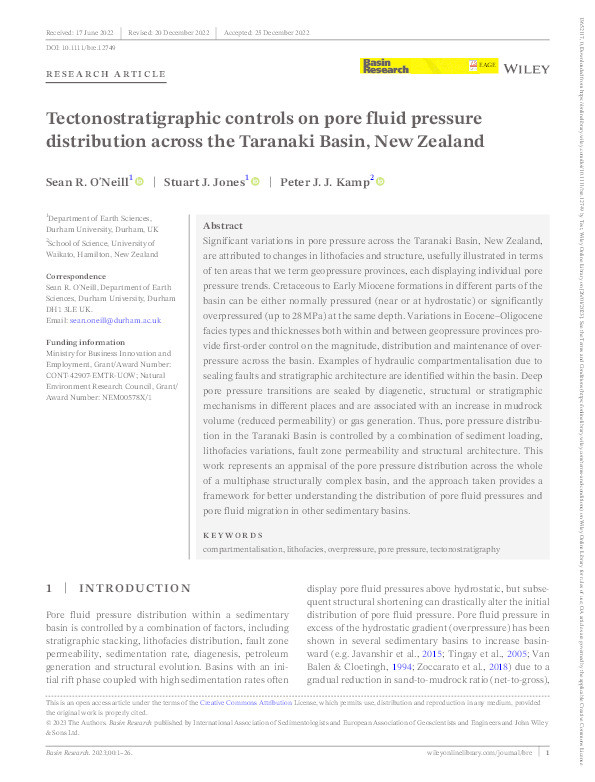 Tectonostratigraphic controls on pore fluid pressure distribution across the Taranaki Basin, New Zealand Thumbnail