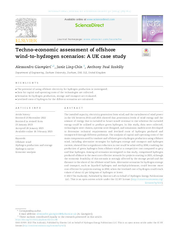 Techno-economic assessment of offshore wind-to-hydrogen scenarios: A UK case study Thumbnail