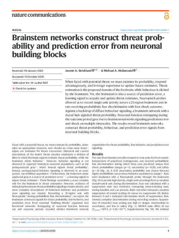 Brainstem networks construct threat probability and prediction error from neuronal building blocks Thumbnail