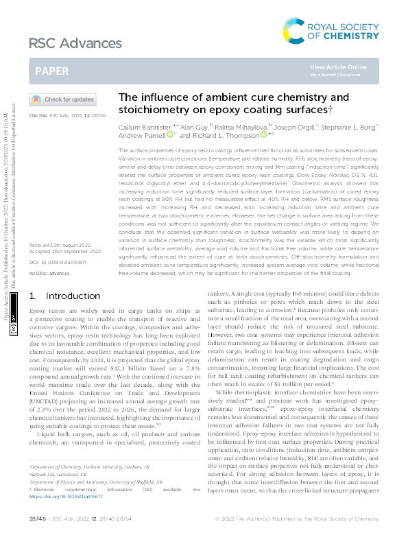 The influence of ambient cure chemistry and stoichiometry on epoxy coating surfaces Thumbnail