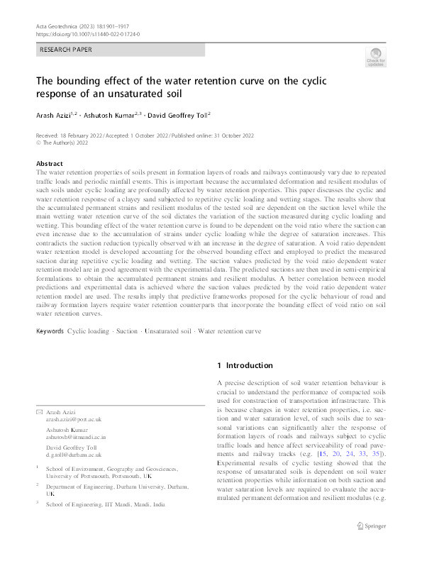 The bounding effect of the water retention curve on the cyclic response of an unsaturated soil Thumbnail