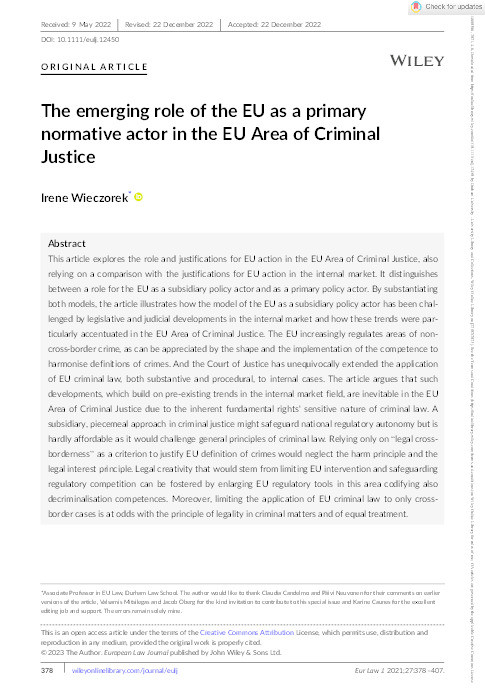 The emerging role of the EU as a primary normative actor in the EU Area of Criminal Justice Thumbnail