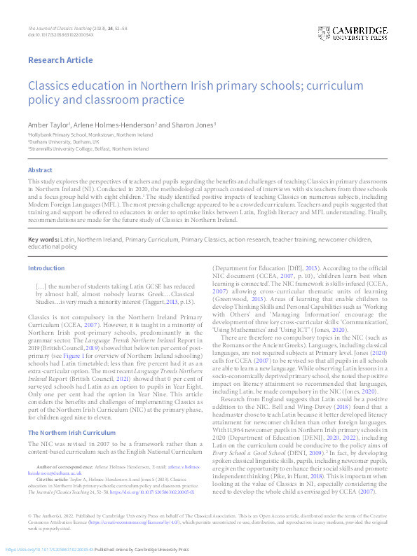 Classics education in Northern Irish primary schools; curriculum policy and classroom practice Thumbnail