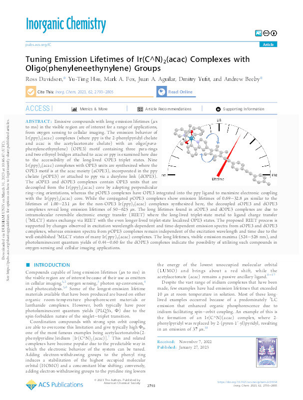 Tuning Emission Lifetimes of Ir(C^N)2(acac) Complexes with Oligo(phenyleneethynylene) Groups Thumbnail