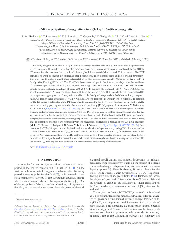 μSR investigation of magnetism in κ−(ET)2X : Antiferromagnetism Thumbnail